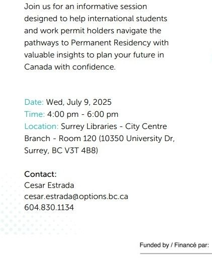 BrightonCol's tweet image. 🍀 Options Community Services 🍀 is hosting an "Immigration Pathways to PR" information session on July 9, 2025. It is open to INTERNATIONAL STUDENTS &amp;amp; WORK PERMIT HOLDERS to learn more about pathways to permanent residency in Canada from two immigration lawyers.