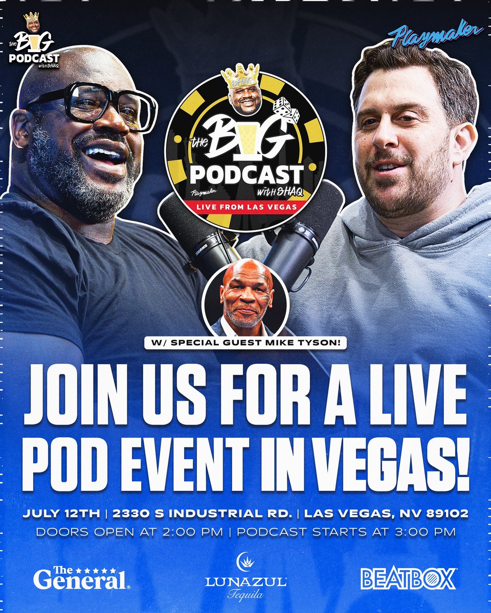Vegas, we’re going BIG 🎙️ 

Join us LIVE for The Big Podcast with Shaq featuring special guest Mike Tyson! July 12th, tickets on sale now in our bio! 👑🥊