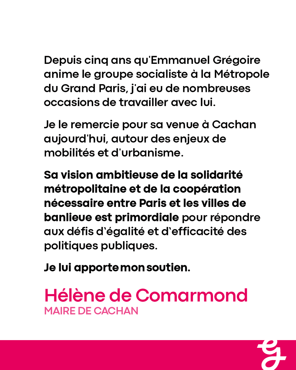 Paris_En_Grand's tweet photo. « Depuis cinq ans qu’Emmanuel Grégoire anime le groupe socialiste à la Métropole du Grand Paris, j’ai eu de nombreuses occasions de travailler avec lui. 

Je le remercie pour sa venue à Cachan aujourd’hui, autour des enjeux de mobilités et d’urbanisme. 

J’ai pu lui redire combien sa vision ambitieuse de la solidarité métropolitaine et de la coopération nécessaire entre Paris et les villes de banlieue est primordiale pour répondre aux défis d’égalité et d’efficacité des politiques publiques.

Je lui apporte mon soutien. » 

Hélène de Comarmond, maire de Cachan, soutient Emmanuel Grégoire !