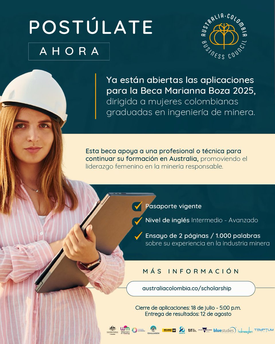 ¡Atención, mujeres líderes de la minería en Colombia!​

​¿Te imaginas estudiando en Australia y transformando el futuro del sector minero? 🌍 La Beca Marianna Boza 2025 puede hacerlo realidad.​

​📣 ¡Tienes hasta el 18 de julio para postularte!​
Info: 👉  australiacolombia.co/scholarship/