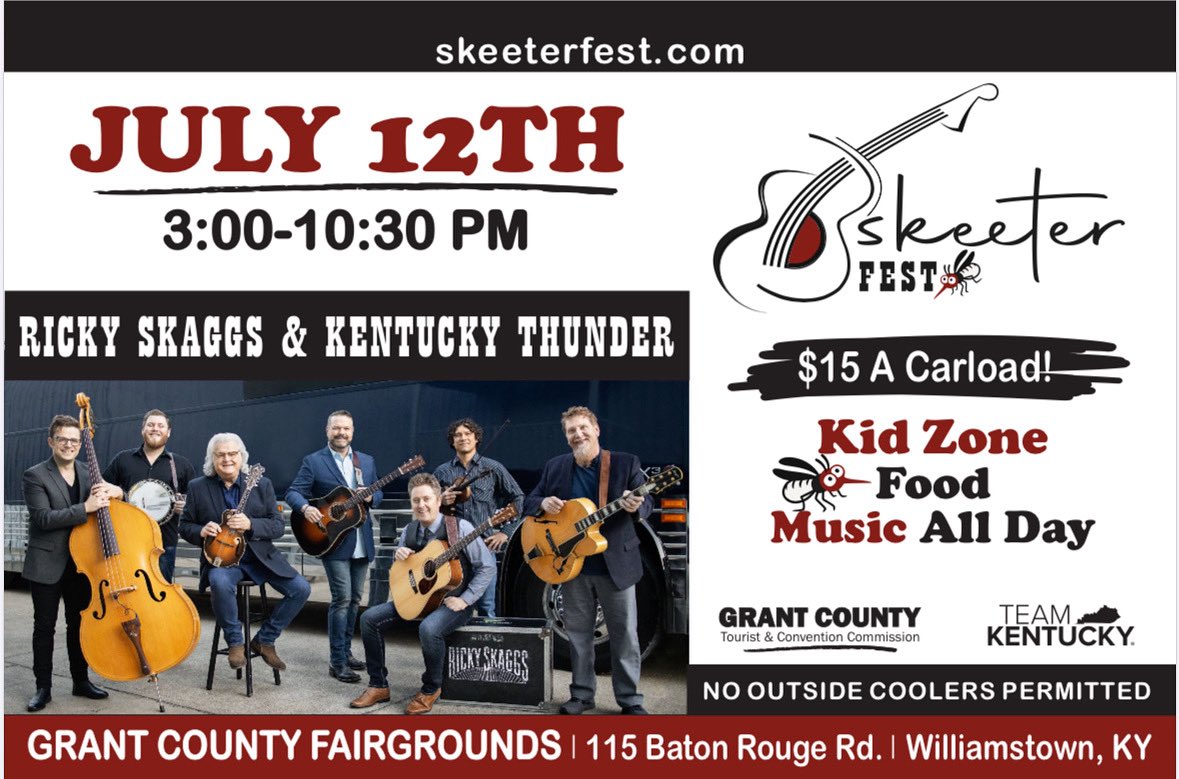Ricky Skaggs (@rickyskaggs) on Twitter photo RICKY SKAGGS & KENTUCKY THUNDER are coming to <a href="/VisitGrantKY/">Grant County Tourist & Convention Commission</a> 🤩! Mark your calendars for SKEETERFEST 2025! July 12th, music all day, food all day, Kids Zone all day. And only $15 a carload! Grant County Fairgrounds in Williamstown, KY. Go to skeeterfest.com for more RICKY SKAGGS & KENTUCKY THUNDER are coming to <a href="/VisitGrantKY/">Grant County Tourist & Convention Commission</a> 🤩! Mark your calendars for SKEETERFEST 2025! July 12th, music all day, food all day, Kids Zone all day. And only $15 a carload! Grant County Fairgrounds in Williamstown, KY. Go to skeeterfest.com for more