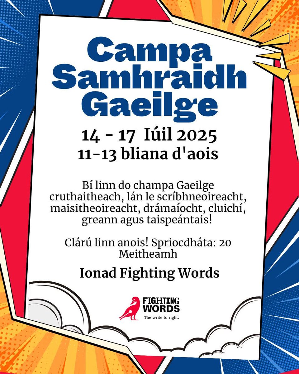 All children between 11-13 yrs old are welcome to our creative Irish language Summer camp <a href="/FightingWordsIE/">Fighting Words</a> ! ✍️🏾📚🎭🗣

Pls register here: fightingwords.ie/summer-camp-ga…