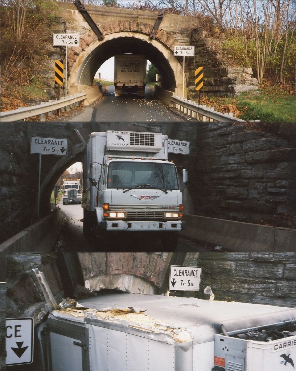 Can opener – GPS does it again. Double check truck clearance before driving through. Credit V&amp;M Towing of Reading, PA.