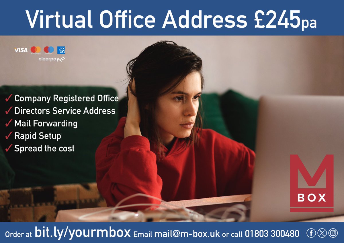Running a business from home? 👨🏻‍💻

Get your own Virtual Office Address for only £245pa 📬

✅ Company Registered Office
✅ Directors Service Address
✅ Alternative to a P O Box
✅ Rapid Setup
✅ Spread the cost with Clearpay

🛒 Order online now ⬇️

square.link/u/Rf6XFtLp