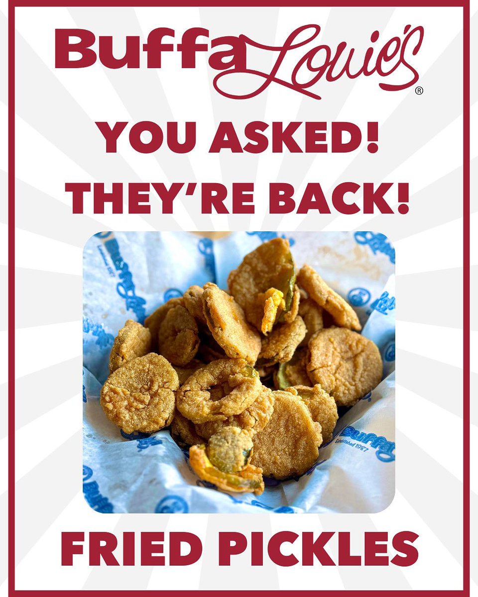 You asked! They’re back! The Fried Pickles are back at BuffaLouie’s!

Stop in today and give them a try! 😋

#BuffaLouies #Bloomington #Yum #FriedPickles #LetsGo #TheyreBack
