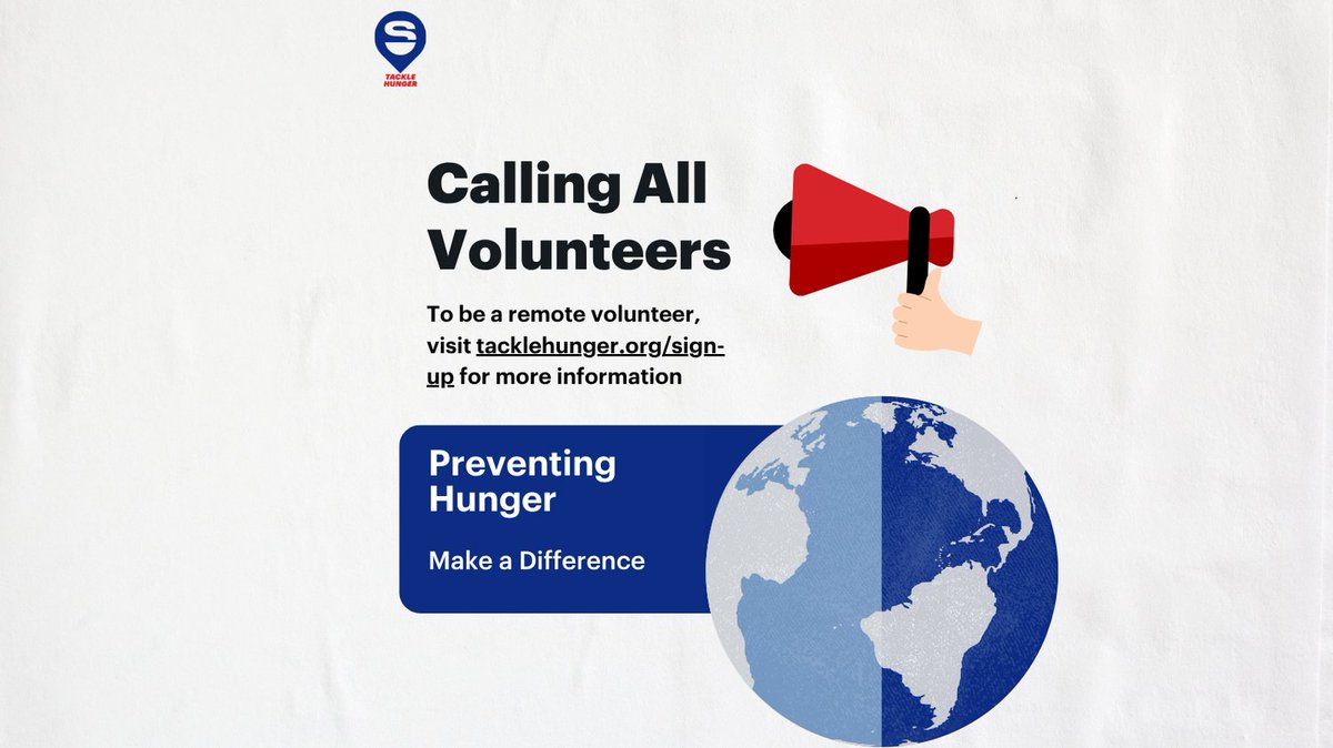 Help Tackle Hunger - remotely! We're looking for virtual volunteers to help fight food insecurity. Do you have a laptop and a passion to help? Join us! ❤️ 💙 

Sign up at tacklehunger.org/sign-up

#TackleHunger #Volunteer #LookingforVolunteers #VirtualOpportunity #AllAges
