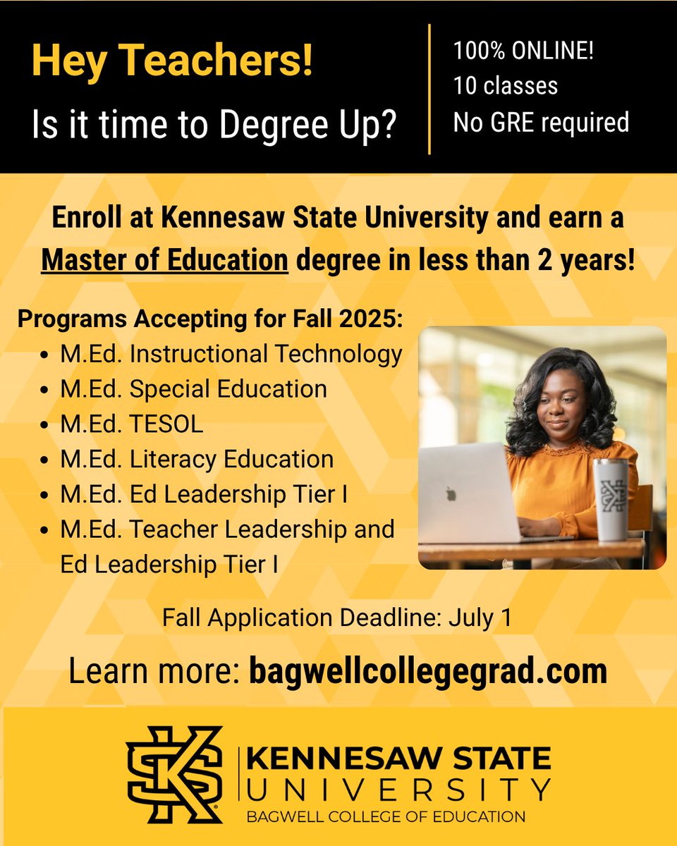 Applying for a graduate program for Fall 2025?
Reminder: Our application deadline is July 1st!
Perks?
-> 100% online
-> 10 classes
-> No GRE required
#DegreeUp at KSU 🦉💛