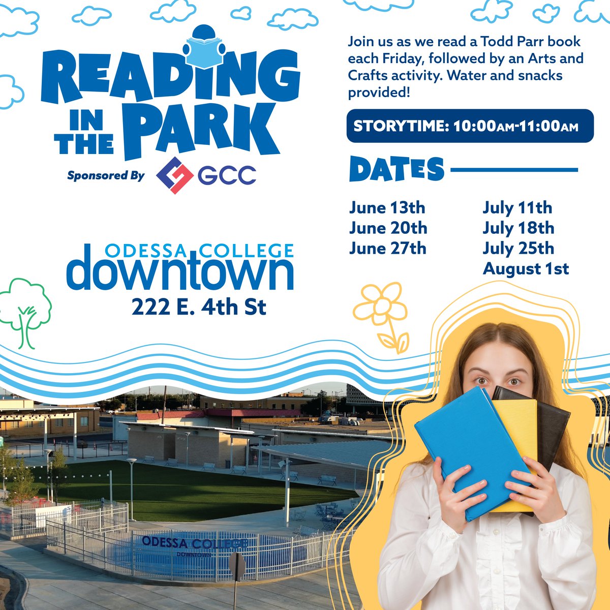 OdessaCollege's tweet photo. 🎉Don't miss Reading in the Park – sponsored by GCC- happening tomorrow! 📖✨

🌳 Todd Parr stories, crafts, snacks &amp; fun—all FREE! 💛
📚 Storytime: 10 AM – 11 AM
📍 222 E. 4th St.
🧒👧 For young readers &amp; families
#ReadingInThePark #OdessaCollege #ToddParr #FamilyFun #FreeEvent https://t.co/V3K5DYxOiY