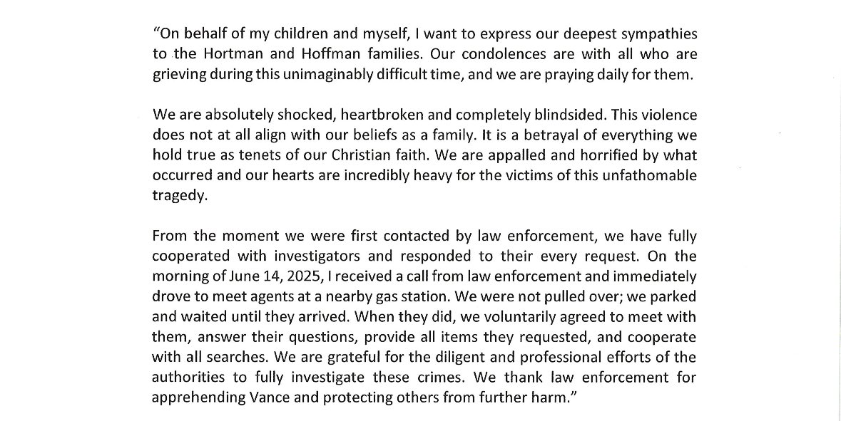 Statement from the wife of Vance Boelter - accused assassin of Melissa and Mark Hortman.