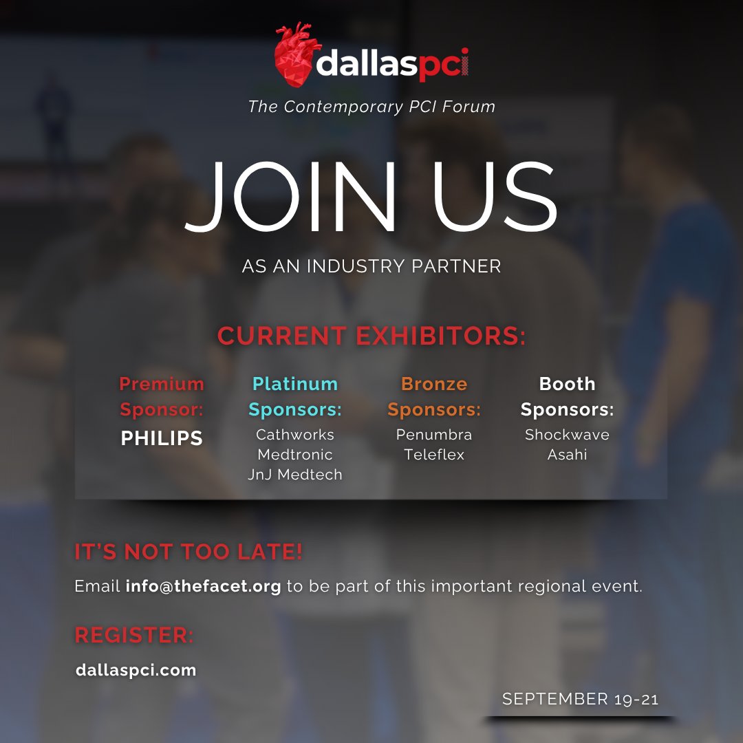 Dallas PCI (@dallas_pci) on Twitter photo đĄ Leading cardiovascular companies are exhibiting at Dallas PCI 2025âare you?
Join us for direct access to physicians, hands-on learning, and unmatched exposure in the field of interventional cardiology.
Don't miss out!
đŹ Contact info@thefacet.org
#dallaspci2025 đĄ Leading cardiovascular companies are exhibiting at Dallas PCI 2025âare you?
Join us for direct access to physicians, hands-on learning, and unmatched exposure in the field of interventional cardiology.
Don't miss out!
đŹ Contact info@thefacet.org
#dallaspci2025