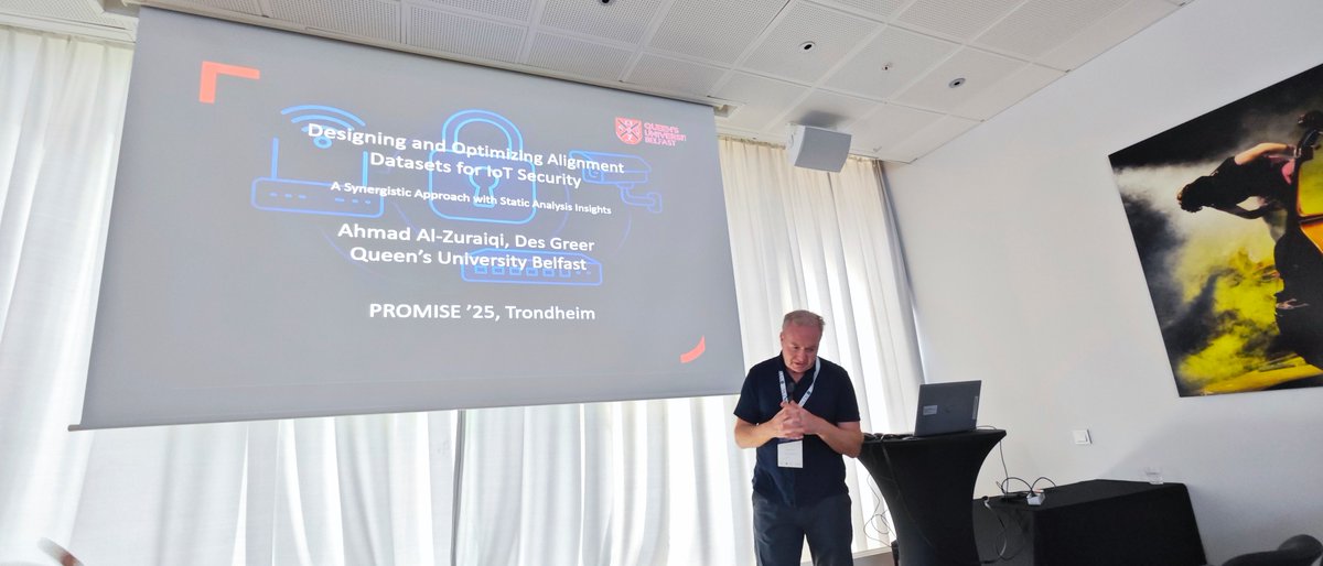 Next up at #PROMISE2025, we had an excellent presentation by Des Greer from Queen's University Belfast! Des discussed "Designing and Optimizing Alignment Datasets for IoT Security: A Synergistic Approach with Static Analysis Insights." Crucial work for securing the IoT landscape!