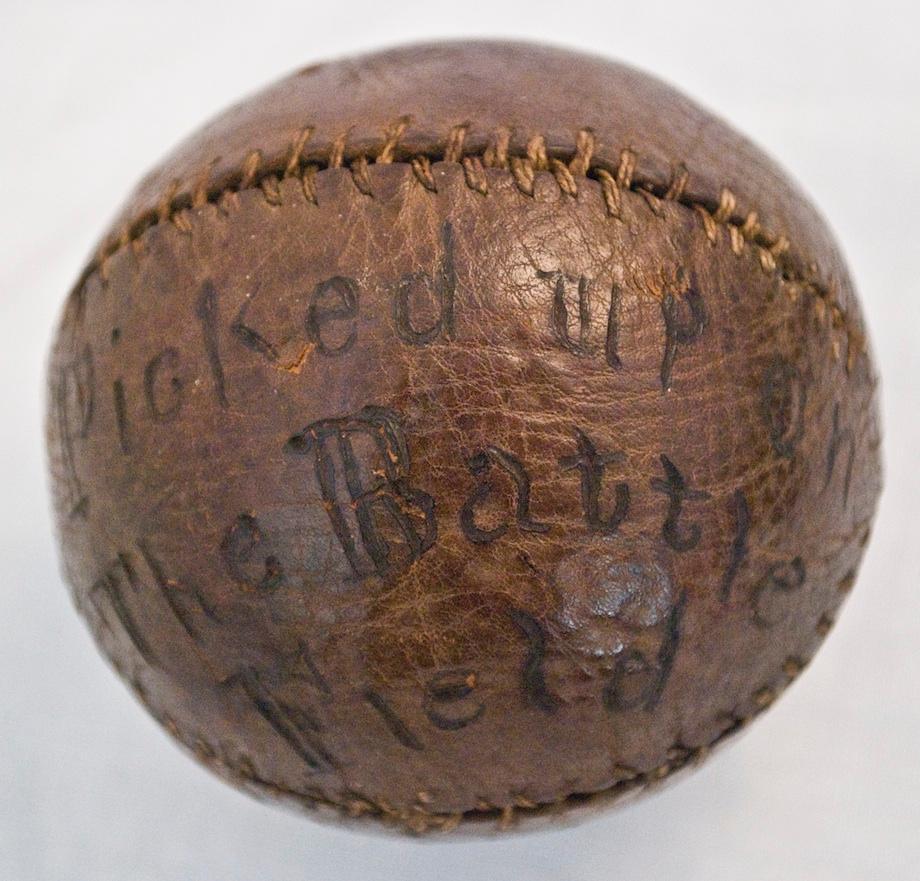 Shiloh Battlefield, Tennessee, 1862 - Baseball found on the grounds of one of the Civil Wars bloodiest battles with nearly 3,500 killed from both sides over two days. This style of ball was referred to as "Lemon Peel" and was produced in brown leather