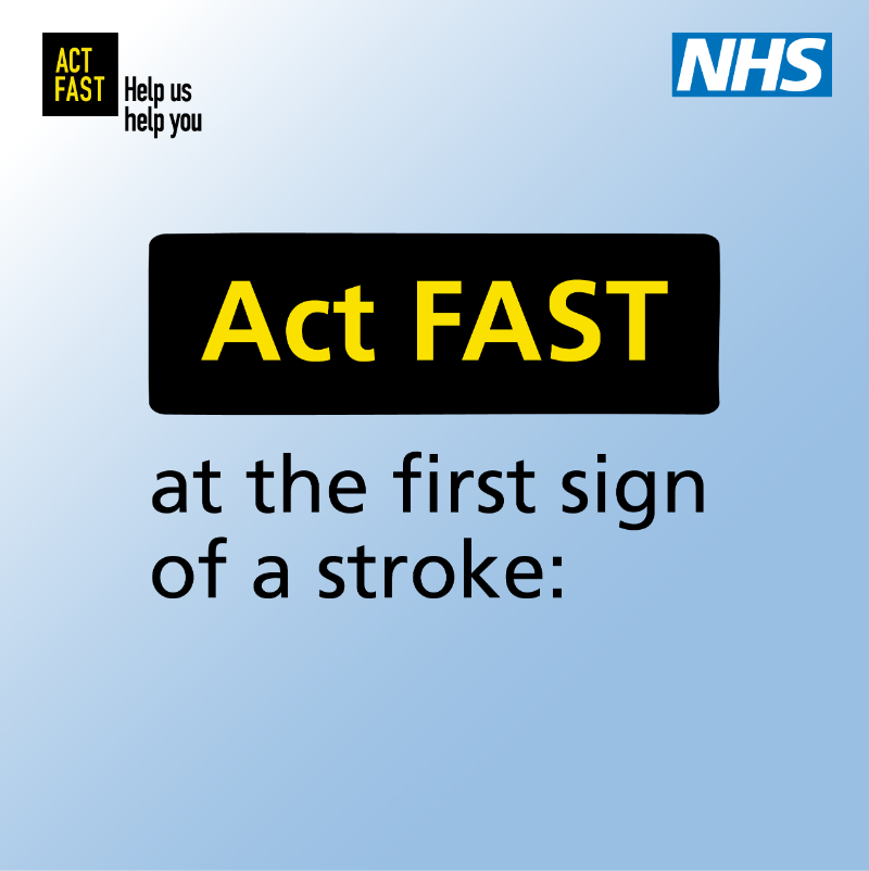 NHSuk's tweet photo. The first sign of a stroke might not seem like much, like not being able to raise your arm. Or struggling to smile. Or slurring when you speak. Any sign of a stroke is always an emergency. 

Face or arm or speech, at the first sign, it's time to call 999.
