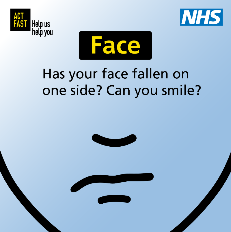 NHSuk's tweet photo. The first sign of a stroke might not seem like much, like not being able to raise your arm. Or struggling to smile. Or slurring when you speak. Any sign of a stroke is always an emergency. 

Face or arm or speech, at the first sign, it's time to call 999.