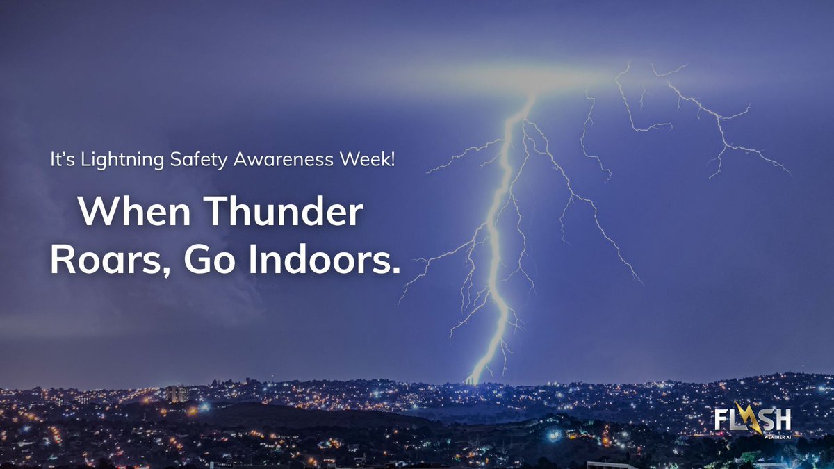 FLASHWeatherAI's tweet image. It’s Lightning Safety Awareness Week!

If you hear thunder, you&apos;re close enough to be struck, even with clear skies. Lightning can reach 10+ miles from a storm.

Download the Flash AI Lightning App for real-time alerts.
Find shelter fast. Stay safe.

 #LightningSafety #FlashAI