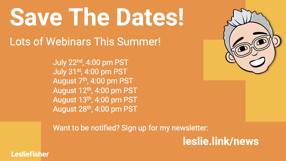 I haven’t done a single webinar in 2025—let’s fix that.

6 Webinars this July &amp; August (maybe more 👀).
Signups and titles will go live after #ISTELive25 

Want to know sooner than later? 👉 leslie.link/news 💥

🗓️ July 22, 31
🗓️ August 7, 12, 13, 28
🕓 All at 4pm PST