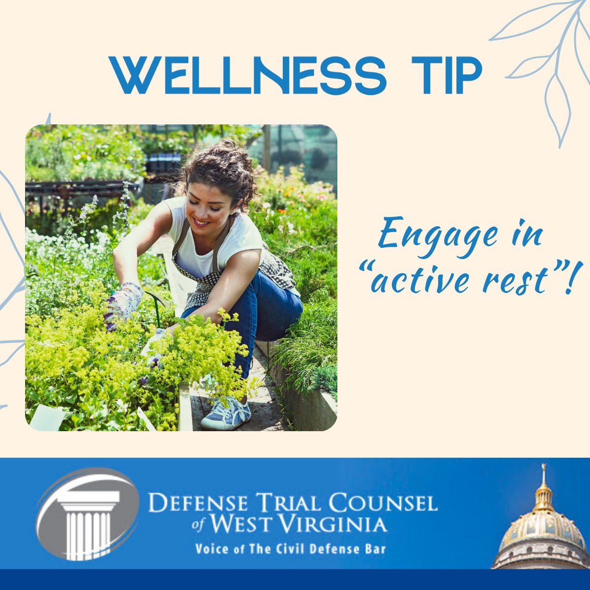 What does “active rest” mean? It’s important to find activities, outside of work, that you really enjoy. Fight burnout in your off-time by indulging in your favorite hobby, dedicate time to reading or gardening, or spend a tech-free hour catching up with friends. #selfcare #DTCWV