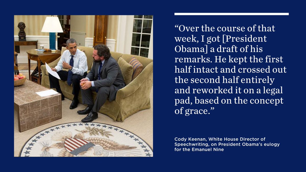 ObamaFoundation's tweet image. President Obama then traveled to South Carolina to meet with the families grieving the racist church massacre that claimed nine lives. Days earlier in court, those same families forgave the killer—a moment speechwriter @CodyKeenan said deeply shaped the President’s eulogy.