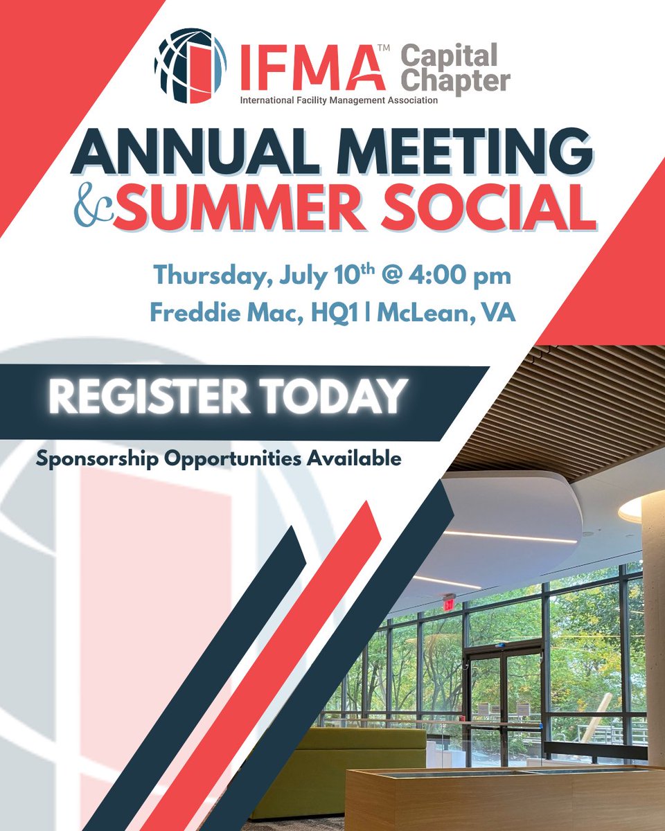 Don't miss the IFMA Capital Chapter's Annual Meeting &amp; Summer Social on July 10th at 4:00 PM! Sponsorship opportunities are also available!
Register Now: ifmacap.org/meetinginfo.ph…
#IFMACapitalChapter