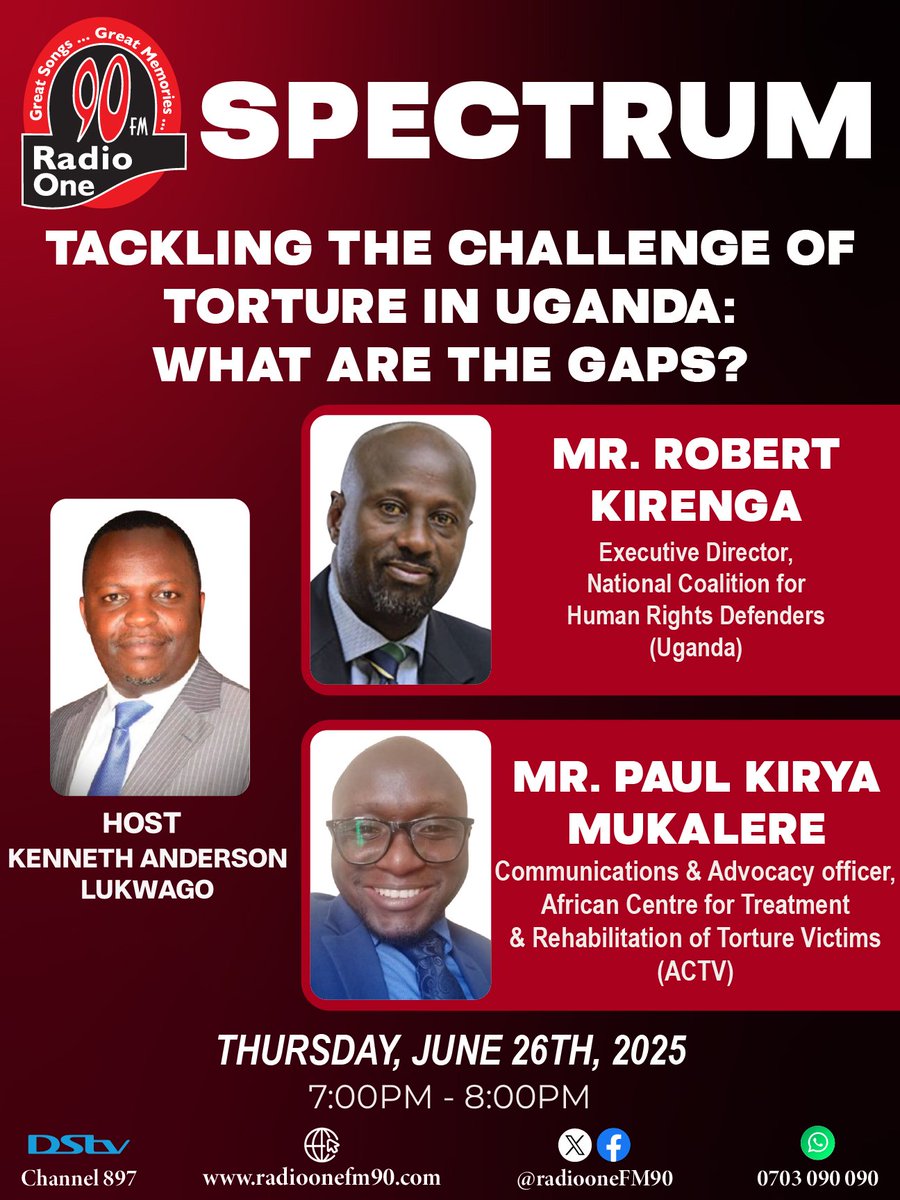The Conversation continues tonight from 7pm to 8pm on Radio One FM 90. Tune in. 
#StopTortureUG2025
<a href="/BRKirenga/">Robert Kirenga</a> <a href="/NCHRD_UG/">NCHRDs-UG</a> <a href="/bkabumba/">Dr Busingye Kabumba</a> <a href="/UgandaEC/">The Electoral Commission - Uganda</a> <a href="/PoliceUg/">Uganda Police Force</a> <a href="/SwedEnvoyUganda/">Amb. Maria Håkansson</a> <a href="/ADCinUganda/">ADC in Uganda 🇦🇹🇺🇬</a> <a href="/DKinUganda/">Denmark in Uganda</a> <a href="/chapterfourug/">Chapter Four Uganda</a>
