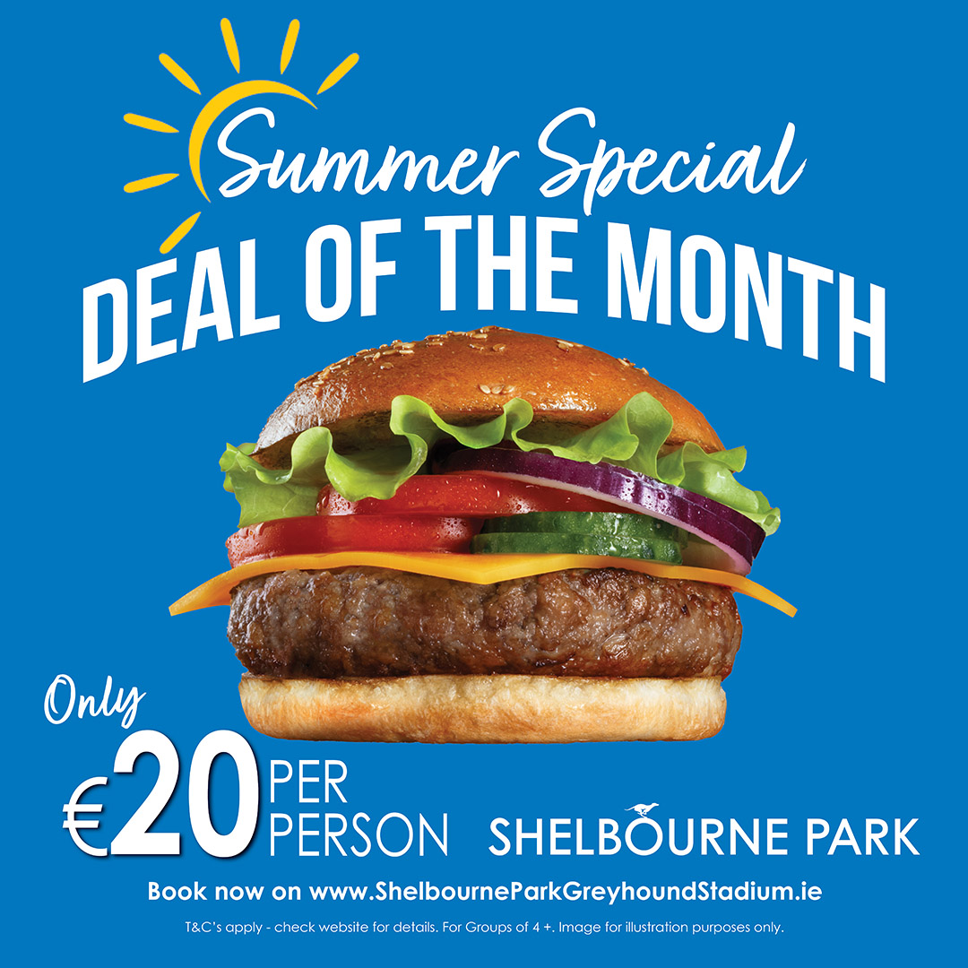 The €20 Summer Deal is now on at Shelbourne Park🍔

Admission, Race Programme, a 5oz Gourmet Burger and a drink all included.

Racing, great facilities &amp; a relaxed night out.

Book now ShelbourneParkGreyhoundStadium.ie

#GoGreyhoundRacing #ThisRunsDeep