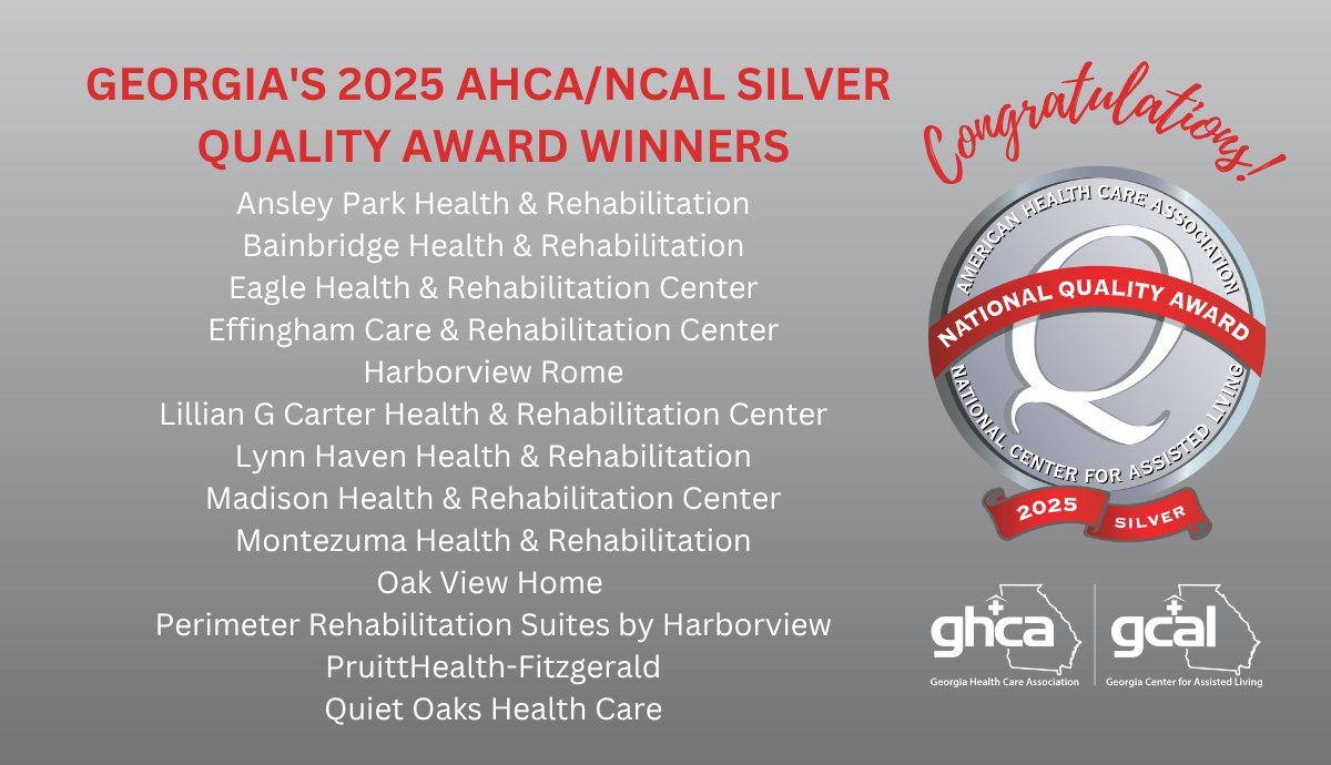 We’re beyond excited to share that 13 GHCA member centers have been recognized as a 2025 Silver National Quality Award recipient by AHCA/NCAL! This accolade signifies their dedication to delivering quality excellence care every day. CONGRATULATIONS! #QualityAward25