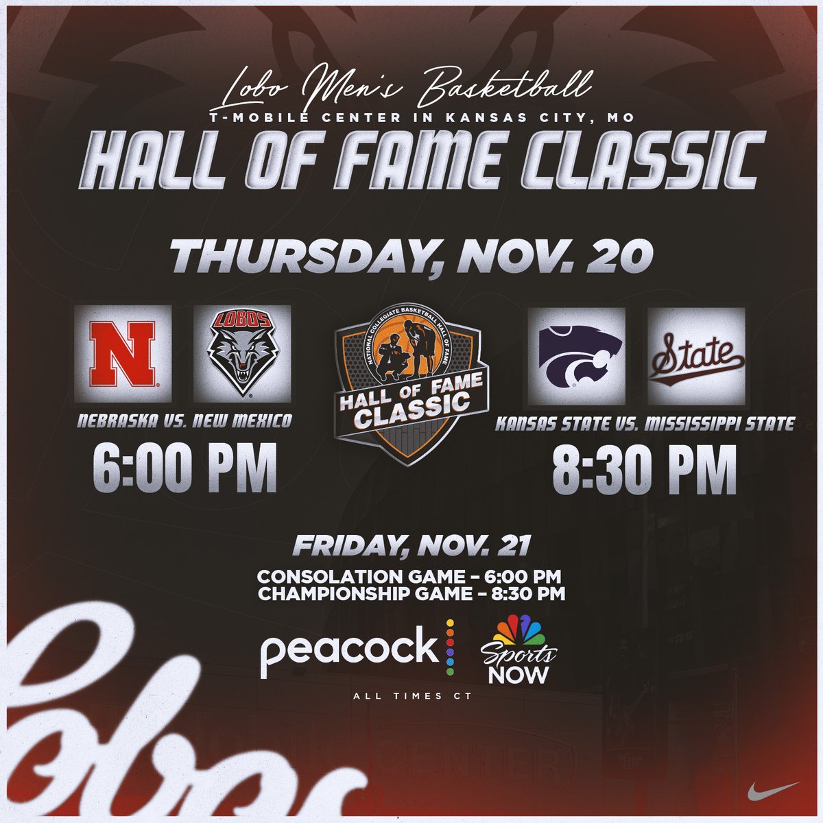 📅 The matchups are set! We will play Nebraska to open the 2025 Hall of Fame Classic in Kansas City on Nov. 20, and either Kansas State or Mississippi State on Nov. 21. All games on <a href="/peacock/">Peacock</a> &amp; NBC Sports Now. 

#GoLobos
