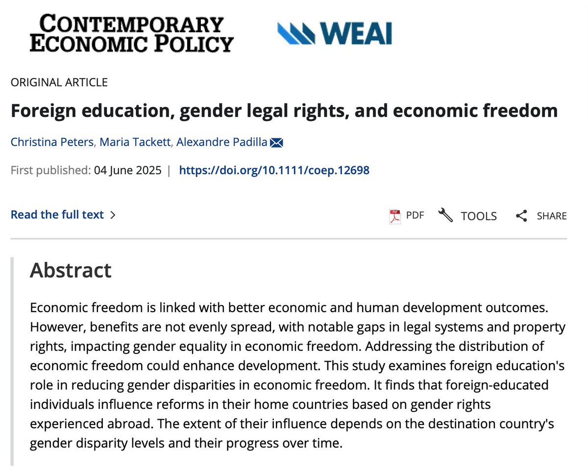 Contemporary Economic Policy (@cep_weai) on Twitter photo ✨New Article ✨
Ever wondered about the distribution of economic freedom within a country?
This article by Christina Peters, Maria Tackett, and Alexandre Padilla examines the role of foreign education on gender disparities in economic freedom. ✨New Article ✨
Ever wondered about the distribution of economic freedom within a country?
This article by Christina Peters, Maria Tackett, and Alexandre Padilla examines the role of foreign education on gender disparities in economic freedom.