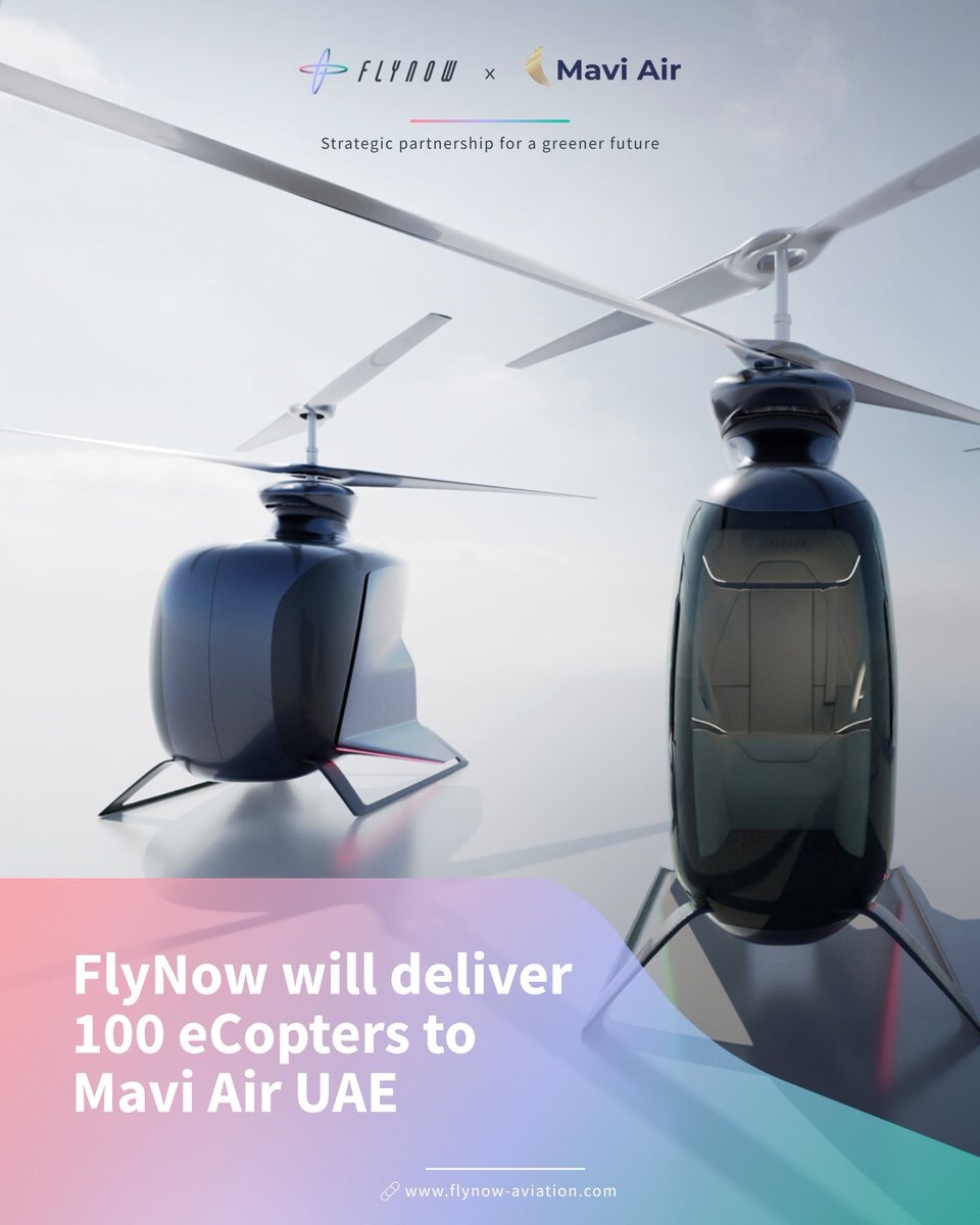 FlyNow_Aviation's tweet photo. FlyNow Aviation will deliver 100 eCopters to Mavi Air!
We are proud to announce the signing of a €35 million agreement with Mavi Air.
Together, we are laying the foundation for a connected, low-emission, and future-ready mobility ecosystem 🚁
#FlyNow #eCopter #Technology https://t.co/FagcrQyS1l
