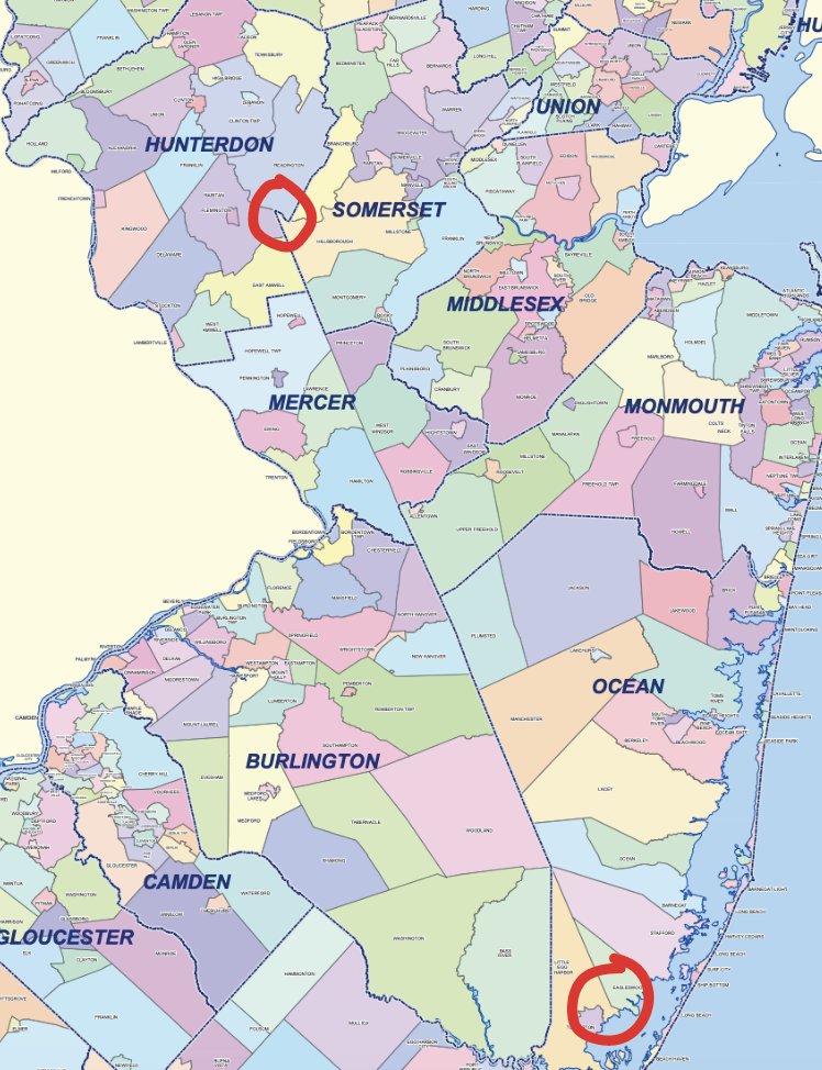 I had never noticed this before: the old boundary line between East and West Jersey (abolished in 1702) seems to still be visible in municipality borders spanning from Hunterdon to Ocean Counties
