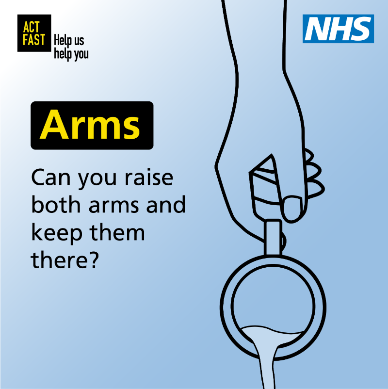 NHSuk's tweet photo. The first sign of a stroke might not seem like much, like not being able to raise your arm. Or struggling to smile. Or slurring when you speak. Any sign of a stroke is always an emergency. 

Face or arm or speech, at the first sign, it's time to call 999.