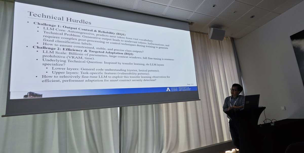 Another insightful talk at #PROMISE2025! Jeff Y. Lei from The University of Texas at Arlington presented on "Efficient Adaptation of Large Language Models for Smart Contract Vulnerability Detection." Timely and important topic at the intersection of #AI, #Blockchain &amp; #Security!