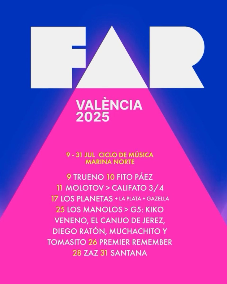 Cultural València (@culturalvlc) on Twitter photo Del 9 al 31 de juliol, no et pots perdre la primera edició de FAR València, un nou cicle de música en directe a <a href="/lamarinadevlc/">La Marina de València</a> 🎶
ℹ️ Santana, Fito Páez, Trueno, Los Planetas, Califato 3/4... entre molts altres!
🎟️ farvalencia.es
@ajuntamentvlc #culturalvalencia Del 9 al 31 de juliol, no et pots perdre la primera edició de FAR València, un nou cicle de música en directe a <a href="/lamarinadevlc/">La Marina de València</a> 🎶
ℹ️ Santana, Fito Páez, Trueno, Los Planetas, Califato 3/4... entre molts altres!
🎟️ farvalencia.es
@ajuntamentvlc #culturalvalencia