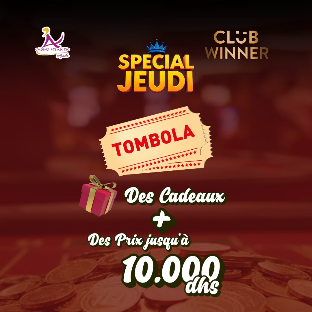 CasinoAtlanticA's tweet photo. 🎉 SPÉCIAL JEUDI – CLUB WINNER
Tous les jeudis, vibrez au rythme de notre Tombola exclusive !
🎟️ 6 tirages au sort à partir de 21h
🎁 Des cadeaux surprises
💰 Et des prix jusqu’à 10 000 Dhs à gagner
#SpecialJeudi #ClubWinner #CasinoAtlanticAgadir https://t.co/QkSLY4E61T