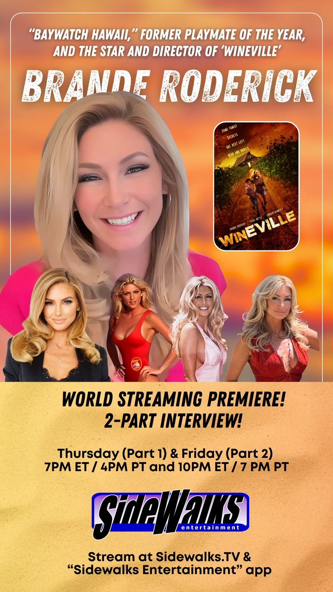 SidewalksTV's tweet image. Tonight, a world streaming premiere of our latest episodes with #BrandeRoderick!

Stream on our TV channel at Sidewalks.TV or watch on our &quot;Sidewalks Entertainment&quot; TV app (download at the major platforms).

#Baywatch #PlaymateoftheYear #Wineville #streaming #event