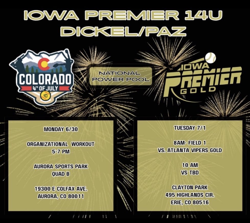 Gianna Dasenbrook 2028, #15 (@g_dasenbrook) on Twitter photo Next stop, Colorado. Excited to attend <a href="/IowaPremierFP/">Iowa Premier Fastpitch</a> Organizational Workout on Monday ➡️ <a href="/triplecrownspts/">Triple Crown Sports</a> Sparkler Power Pool starts on Tuesday! Ready to compete! 💛🖤
<a href="/OliviaHPaz1997/">Olivia Paz</a> <a href="/PaigeShannonIPF/">Paige Shannon</a> <a href="/SoftbalAmerica/">Softball America</a> <a href="/Sports_Recruits/">SportsRecruits</a> <a href="/ExtraInningSB/">EXTRA INNING SOFTBALL</a> <a href="/LineDsoftball/">Line Drive Media</a> Next stop, Colorado. Excited to attend <a href="/IowaPremierFP/">Iowa Premier Fastpitch</a> Organizational Workout on Monday ➡️ <a href="/triplecrownspts/">Triple Crown Sports</a> Sparkler Power Pool starts on Tuesday! Ready to compete! 💛🖤
<a href="/OliviaHPaz1997/">Olivia Paz</a> <a href="/PaigeShannonIPF/">Paige Shannon</a> <a href="/SoftbalAmerica/">Softball America</a> <a href="/Sports_Recruits/">SportsRecruits</a> <a href="/ExtraInningSB/">EXTRA INNING SOFTBALL</a> <a href="/LineDsoftball/">Line Drive Media</a>
