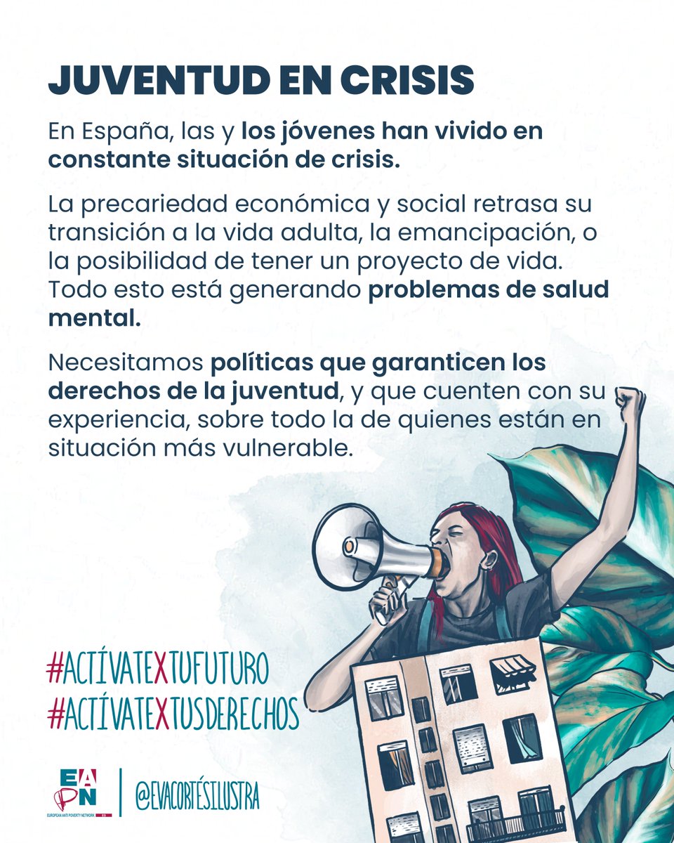 EAPN España (@eapnes) on Twitter photo 📢 La juventud vive en crisis constante.
📉 La precariedad económica y social retrasa su emancipación y deteriora su #saludmental.
⚠️ Necesitamos políticas públicas que escuchen a la #juventud y garanticen sus derechos.
🖌️<a href="/evacortesilustr/">Eva Cortés Ilustra</a>
#ActívatextuFuturo 📢 La juventud vive en crisis constante.
📉 La precariedad económica y social retrasa su emancipación y deteriora su #saludmental.
⚠️ Necesitamos políticas públicas que escuchen a la #juventud y garanticen sus derechos.
🖌️<a href="/evacortesilustr/">Eva Cortés Ilustra</a>
#ActívatextuFuturo
