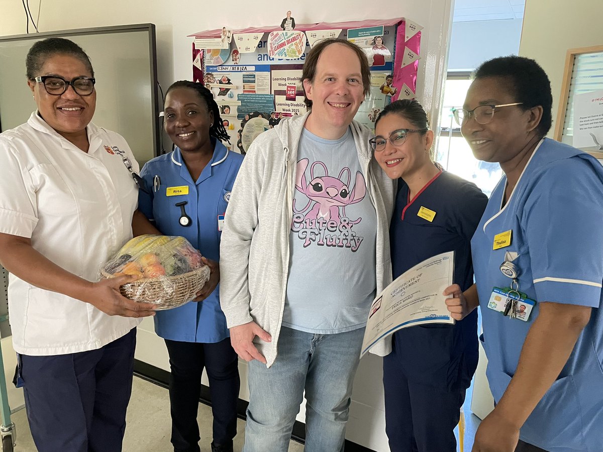 The winners of the Learning Disability Information Board competition are 
King George Hospital-Erica Ward &amp; Queen’s Hospital- Bluebell A. 

Our LD Working Group member David was present to award the areas who won the competition and meet the staff! 🎉👏 amazing team work!