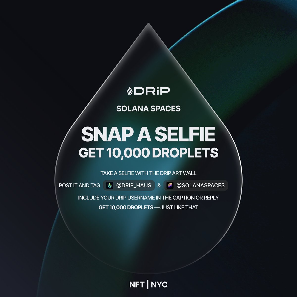 drip_haus's tweet photo. DRiP x @solanaspaces | NFT NYC 📍

Snap a selfie - Get 10,000 Droplets💧

We set up a DRiP art wall and clearly the only thing missing is YOU in front of it!

Let the selfie games begin 📷 https://t.co/qeBk5UXY3c