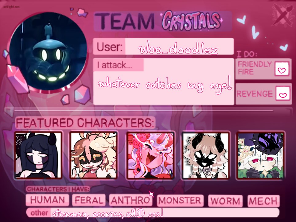 HI CHAT I'll be in Artfight this year! hope I can actually do some attacks this time 😔🙏

#artfight #artfight2025 #Artfightteamcrystals LET'S GO CRYSTAL!!!