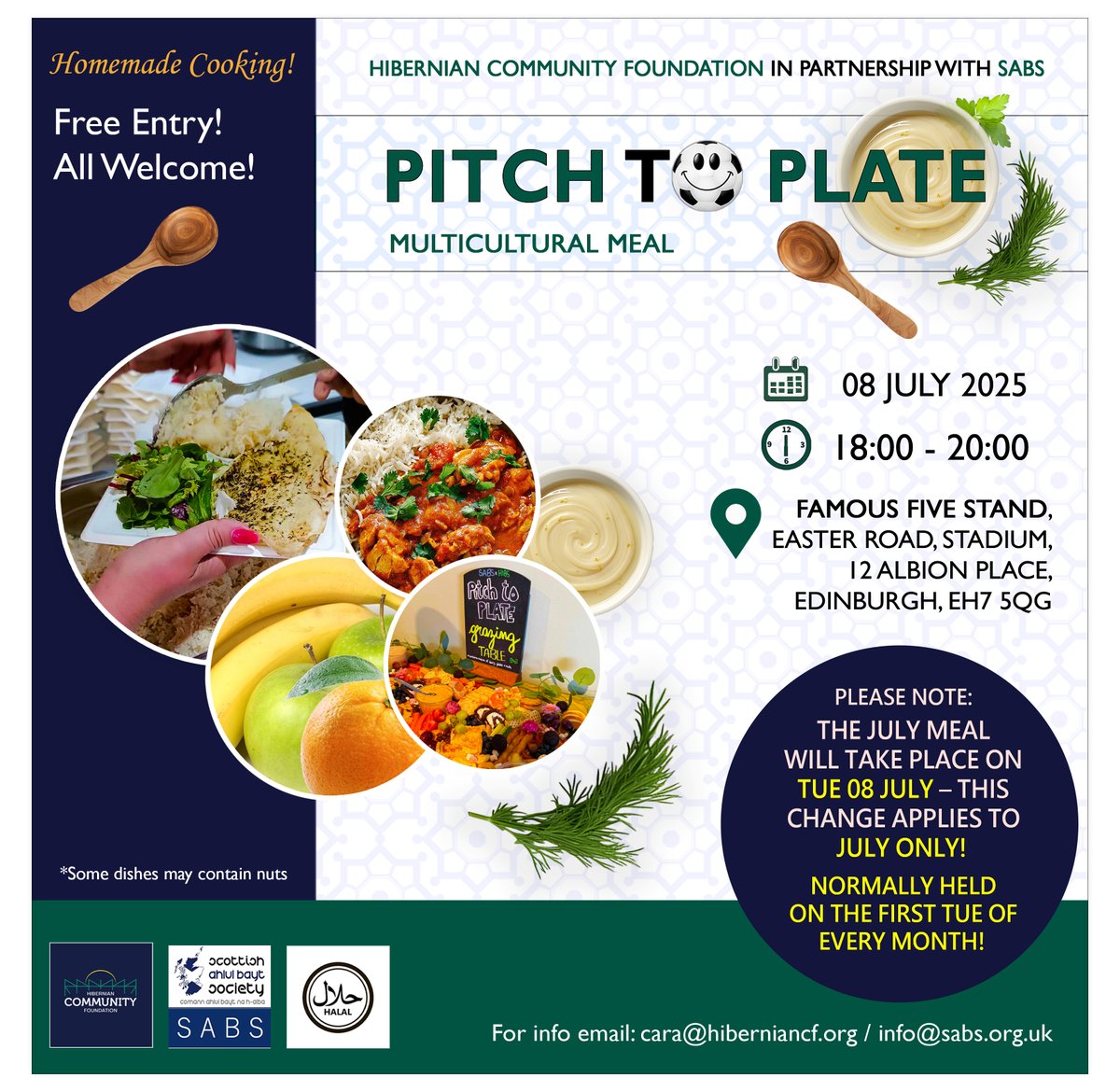 Hibernian Community Foundation (@hibsincommunity) on Twitter photo 🥘July Pitch to Plate Meal🥘
This month we will be hosting our regular Pitch to Plate meal in collaboration with our friends at <a href="/S_A_B_S_/">Scottish Ahlul Bayt Society (SABS)</a> on the second Tuesday of the month: July 8th.
All are welcome to join us from 6pm in the Community Hub to enjoy the delicious food provided 🥘July Pitch to Plate Meal🥘
This month we will be hosting our regular Pitch to Plate meal in collaboration with our friends at <a href="/S_A_B_S_/">Scottish Ahlul Bayt Society (SABS)</a> on the second Tuesday of the month: July 8th.
All are welcome to join us from 6pm in the Community Hub to enjoy the delicious food provided