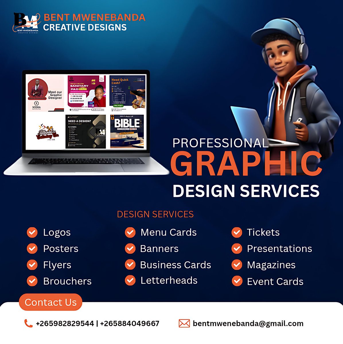 I have a friend who's a designer  and he designs so many artworks for different categories.
Eg 
Posters
Logos 
Flyers
Tickets.

He's based in Blantyre College of medicine.

Contact: 0982829544

If you need any designer he's the right person.👍🏻🫡
