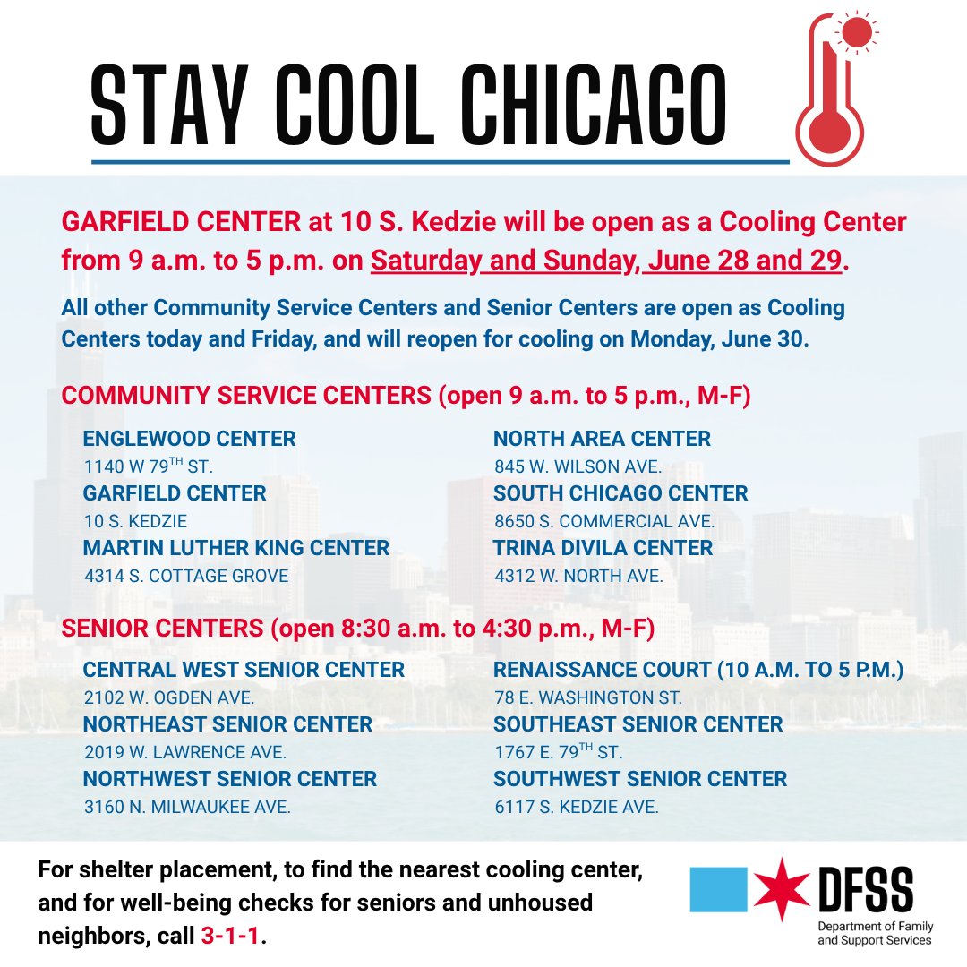 ChiFamSupport's tweet image. Stay cool this weekend!
Garfield Community Service Center will be open for cooling from 9 a.m. to 5 p.m. on Saturday and Sunday.
All Community Service Centers and Senior Centers are open for cooling today, tomorrow and Monday.
City cooling locations: data.cityofchicago.org/.../Cooling...….