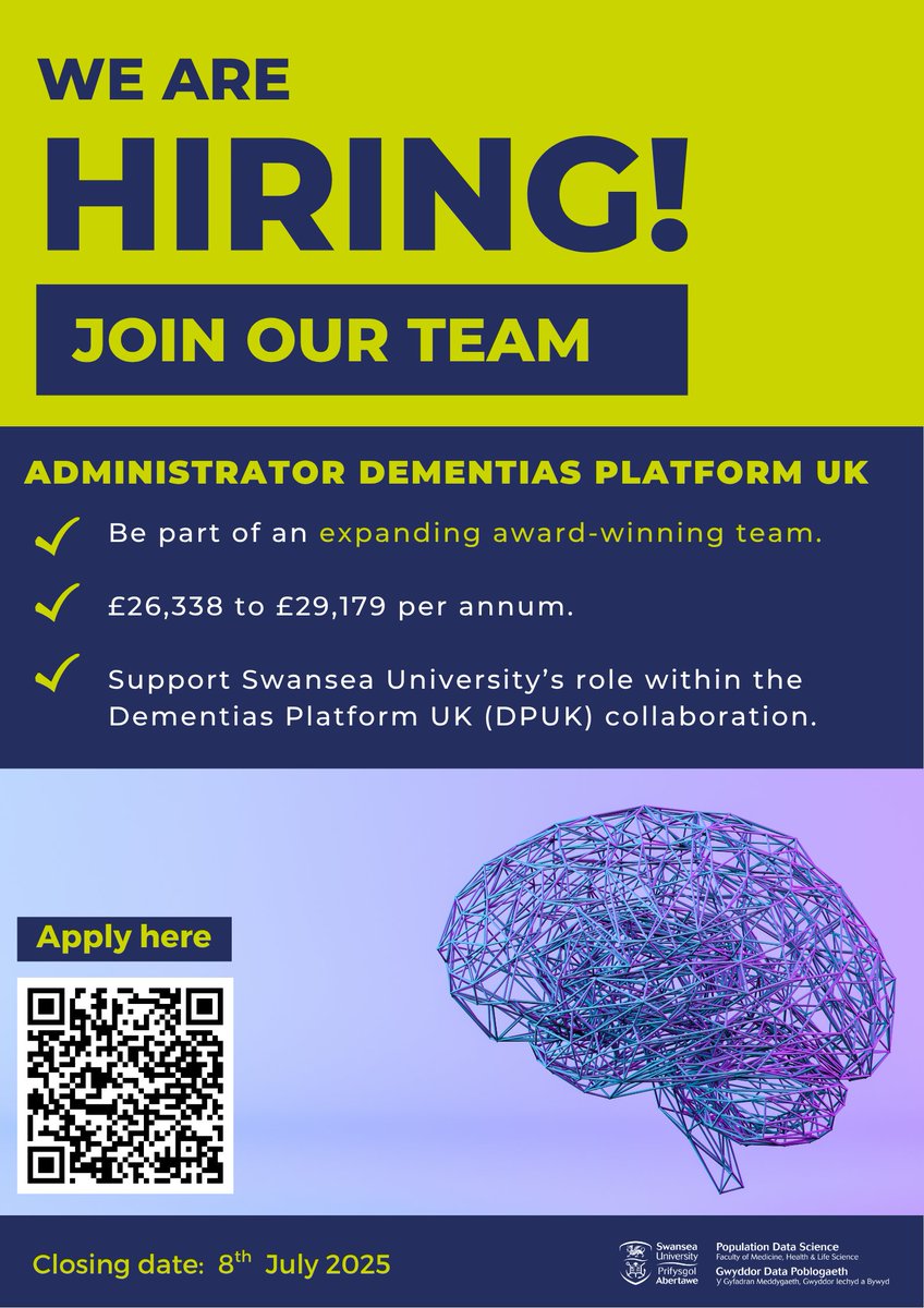 Population Data Science at Swansea University (@popdatasci_su) on Twitter photo 📢We're hiring
Administrator <a href="/DementiasUK/">Dementias Platform UK</a>
👉Support Swansea University’s role within DPUK and contribute to world-leading dementia research
⭐️Salary: £26,338 to £29,179 per annum
🗓️Closing date: 8th July
📝Apply here: swansea.ac.uk/jobs-at-swanse… 📢We're hiring
Administrator <a href="/DementiasUK/">Dementias Platform UK</a>
👉Support Swansea University’s role within DPUK and contribute to world-leading dementia research
⭐️Salary: £26,338 to £29,179 per annum
🗓️Closing date: 8th July
📝Apply here: swansea.ac.uk/jobs-at-swanse…