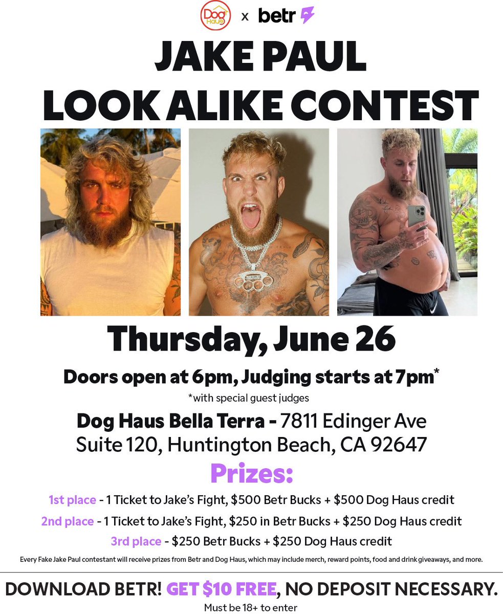 🚨 LOS ANGELES/ ANAHEIM 🚨 

Pull up to the Jake Paul Lookalike contest TONIGHT in Huntington Beach. Every contestant is going to get a prize, and WINNERS will get tickets to Jake Paul’s fight on Saturday 🥊

AND we’re giving 10 people who retweet this $10 in Betr Bucks 👀