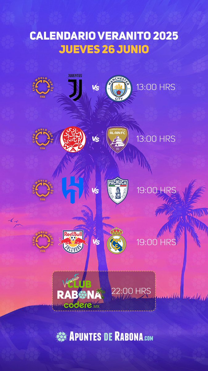 Hoy termina la fase de grupos del Mundial de Clubes y en #VeranitoClubRabona 🌴😎 estaremos listos para hablar de ello. 

Con ustedes la agenda de hoy ⚽️📔