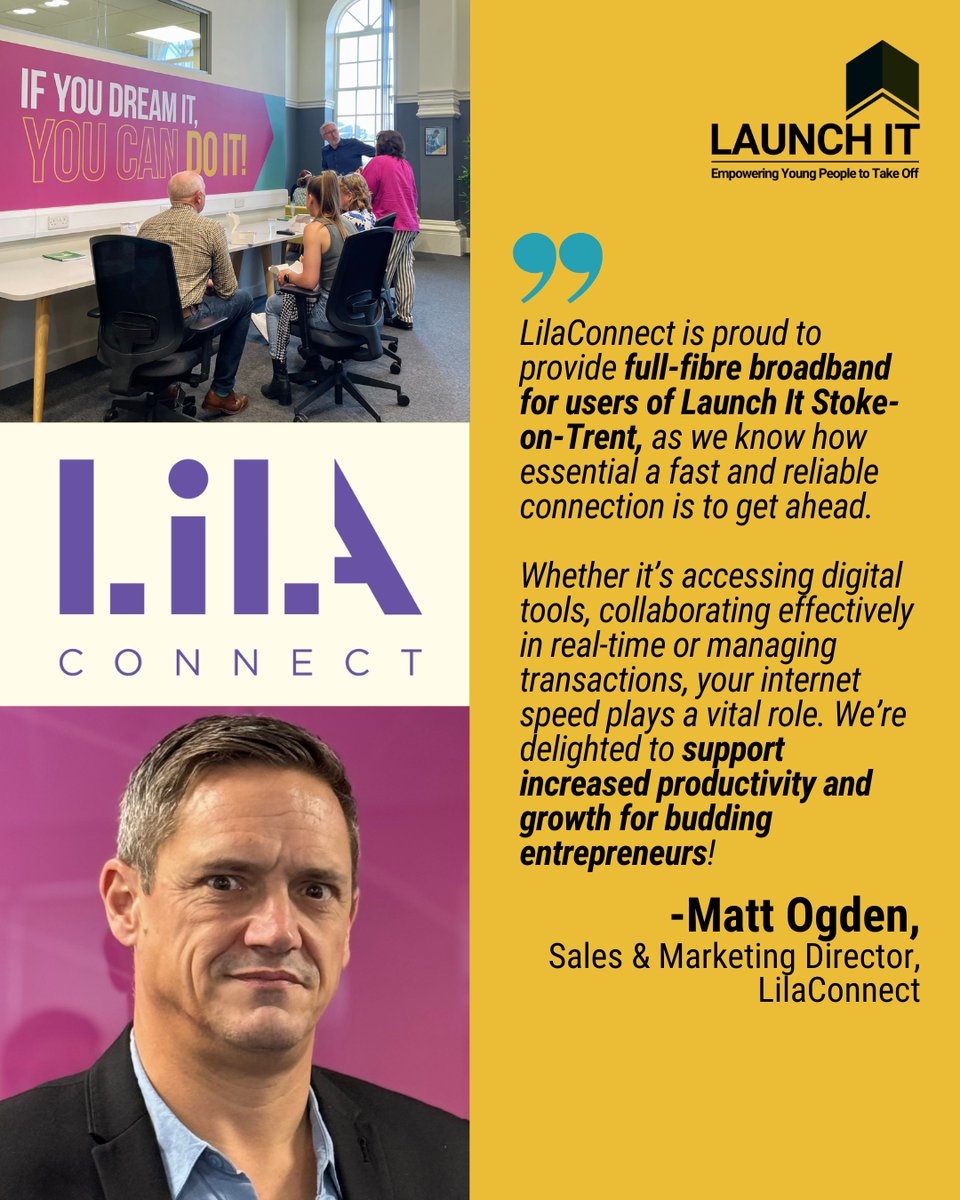 Big things are happening at Launch It Stoke! Huge shoutout to <a href="/LilaConnectUK/">LilaConnect</a> for powering our new enterprise centre with free ultra-fast full-fibre internet! 💻⚡

Thanks to their support, young founders can connect, create &amp; grow right here in Stoke! 

🔗 launchit.org.uk/stoke-on-trent