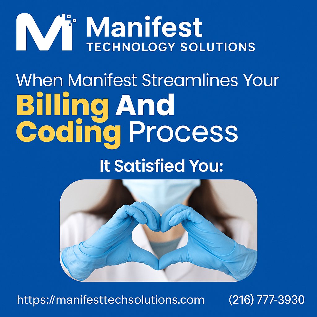 manifesttechsol's tweet image. When Manifest Technology Solutions takes over your billing &amp;amp; coding — it’s a satisfying experience 💙

📞 (216) 777-3930 | 🌐 manifesttechsolutions.com

#BillingAndCoding #ManifestTechnologySolutions #MedicalBilling #RCM #HealthcareSolutions #MedicalSupport