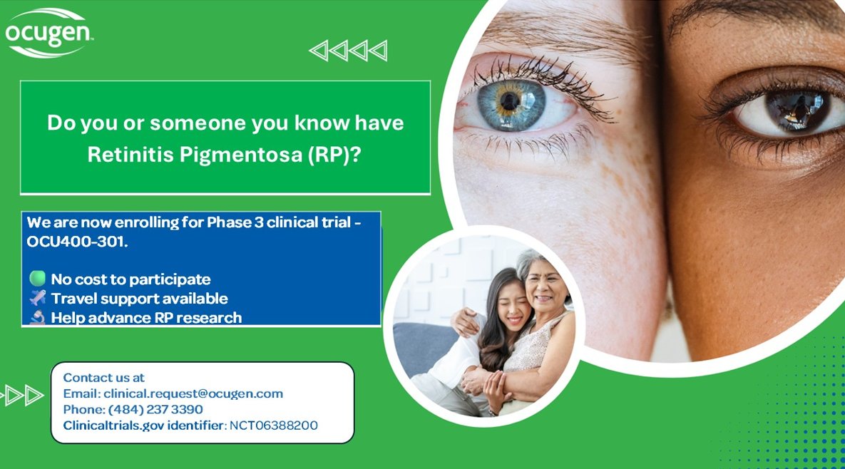 Ocugen (@ocugen) on Twitter photo 300,000 people in the U.S. & Europe are living with retinitis pigmentosa. Our Phase 3 #OCU400 liMeliGhT trial is the only gene-agnostic therapy in development. Now enrolling.
Learn more: NCT06388200 | clinical.request@ocugen.com
#GeneTherapy #RP #ClinicalTrials 300,000 people in the U.S. & Europe are living with retinitis pigmentosa. Our Phase 3 #OCU400 liMeliGhT trial is the only gene-agnostic therapy in development. Now enrolling.
Learn more: NCT06388200 | clinical.request@ocugen.com
#GeneTherapy #RP #ClinicalTrials