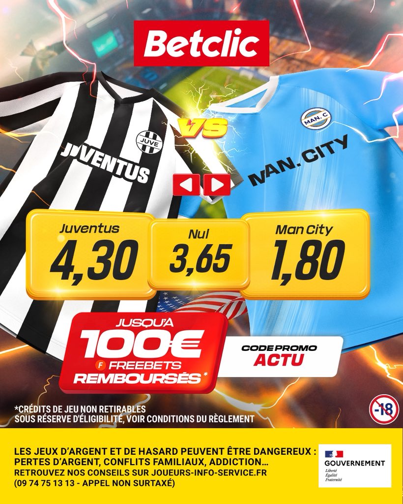 ActuFoot_'s tweet photo. Les cotes @Betclic de 𝗝𝗨𝗩𝗘𝗡𝗧𝗨𝗦 - 𝗠𝗔𝗡𝗖𝗛𝗘𝗦𝗧𝗘𝗥 𝗖𝗜𝗧𝗬. 🤍🖤⚡️🩵🤍

Jusqu’à 100€ remboursés en freebets sur ton premier pari s’il est perdant :

👉 Code : ACTU

🔞 Les jeux d’argents sont interdits aux mineurs. Le jeu comporte des risques tel que l’endettement, l’isolement ou la dépendance

(🤝 𝘊𝘰𝘭𝘭𝘢𝘣𝘰𝘳𝘢𝘵𝘪𝘰𝘯 𝘤𝘰𝘮𝘮𝘦𝘳𝘤𝘪𝘢𝘭𝘦)